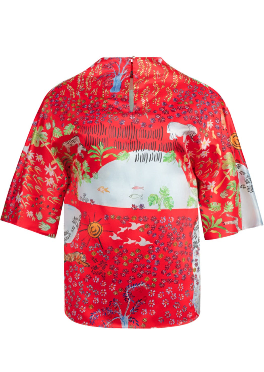 Printed in Olivia Cheng's Fever Dream, a tailor-made, satin draped mid-sleeve top. Keyhole back.