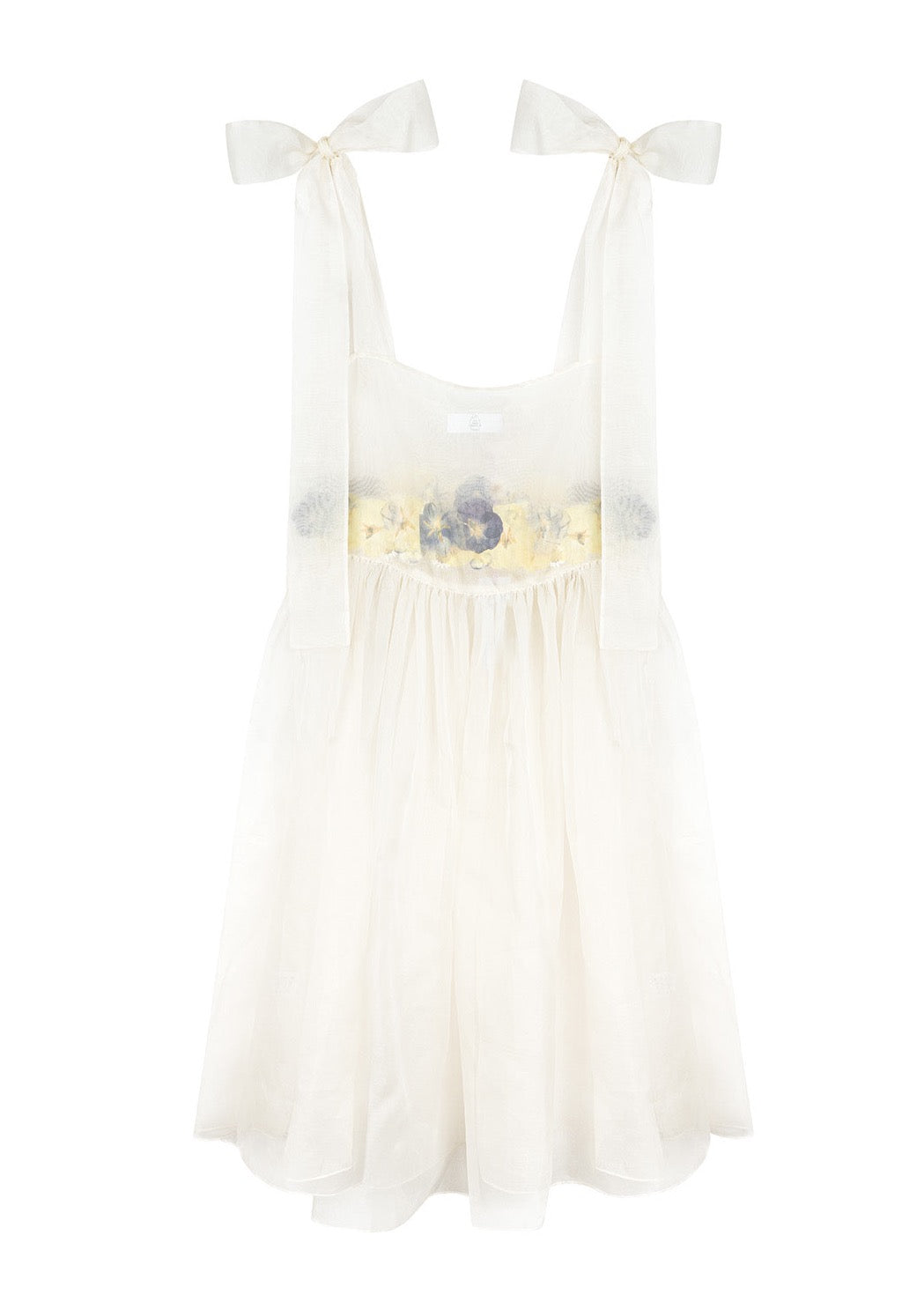 for each dress we use over fifty real flowers, pressed and sealed into custom-cut arrangements before being inserted between layers of dreamy silk organza. Exaggerated self-tie straps and universally flattering silhouette. Invisible side zip. Each one unique. Made in New York.