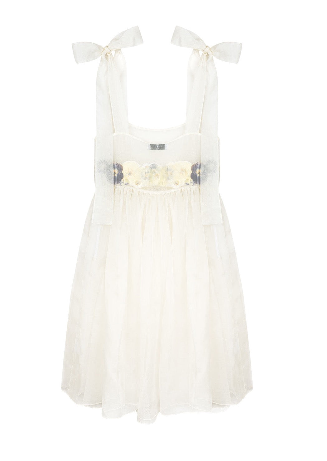 for each dress we use over fifty real flowers, pressed and sealed into custom-cut arrangements before being inserted between layers of dreamy silk organza. Exaggerated self-tie straps and universally flattering silhouette. Invisible side zip. Each one unique. Made in New York.