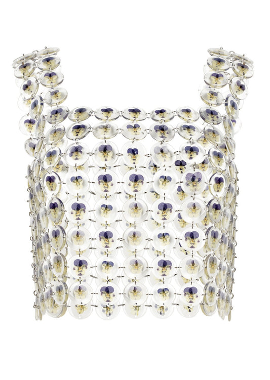 our new floral chainmaille is a distinctive technique where hundreds of preserved botanicals are intricately assembled-- this top is crafted from over two hundred pansy flowers. Relaxed fit, antiqued silver toggle side closure for easy on/off.