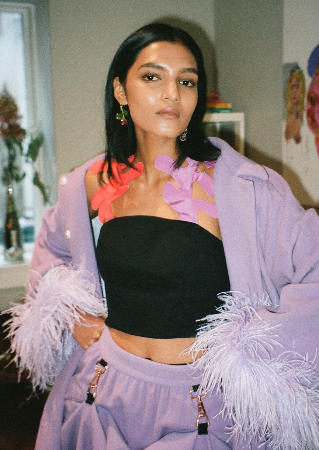 A fitted top from luxurious Italian stretch crepe, adorned with orchid and persimmon silk faille straps inspired by Matisse's paper cut-outs. Invisible separating side zip. Cropped fit.