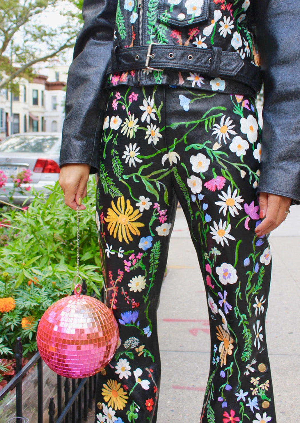 Fully hand-painted, flared Claude Montana leather pants with gold snaps. Floral scrapbook imagery to front, inspired by vintage pressed botanical prints.
