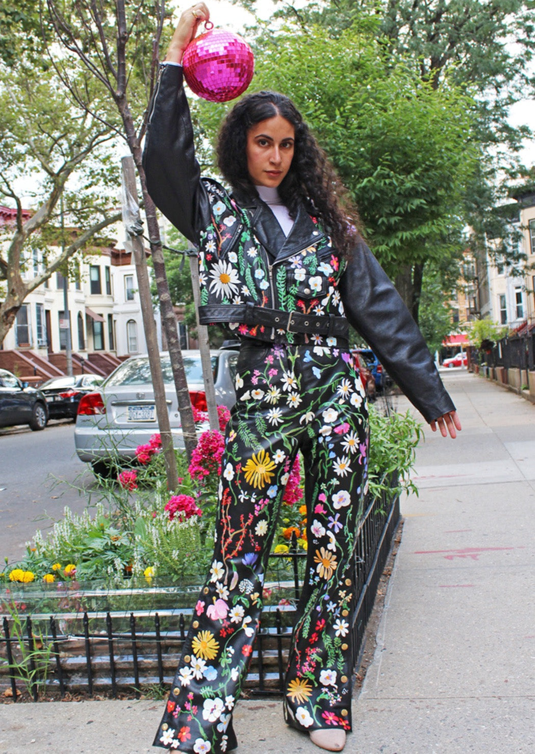 Fully hand-painted, flared Claude Montana leather pants with gold snaps. Floral scrapbook imagery to front, inspired by vintage pressed botanical prints.