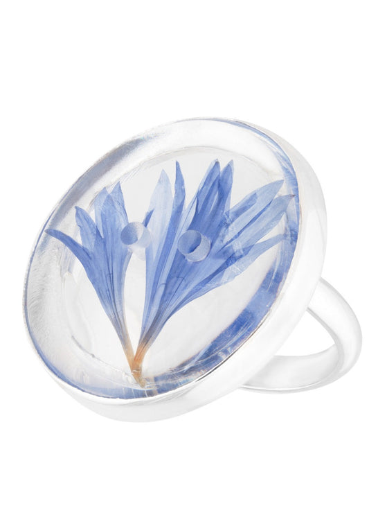 Blue lobelia in resin button top on silver band.