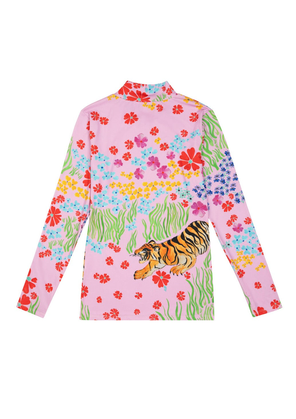 Our signature body-hugging turtleneck in our Tiger Blooms print on pink base fabric, hand-illustrated by designer Olivia Cheng.