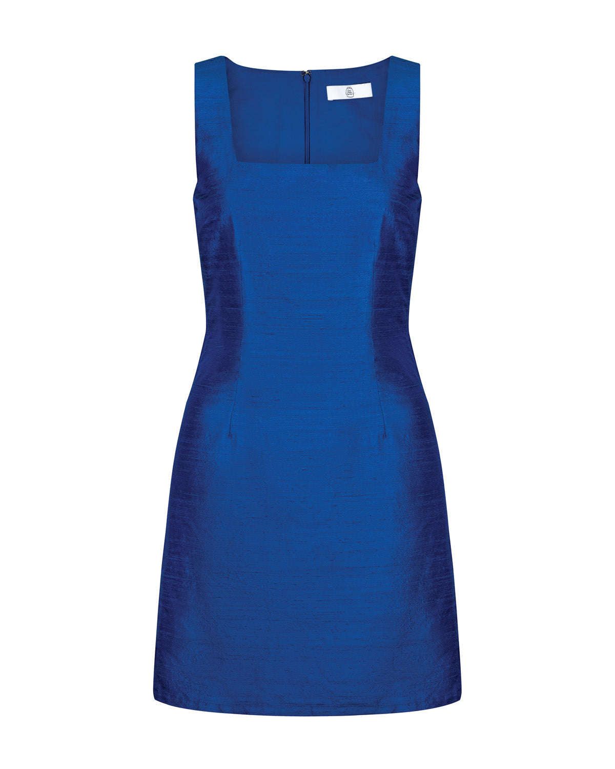 the perfectly cut mini dress in vibrant cobalt blue silk dupioni. 100% silk. Square neckline and invisible back zipper. Made in New York.