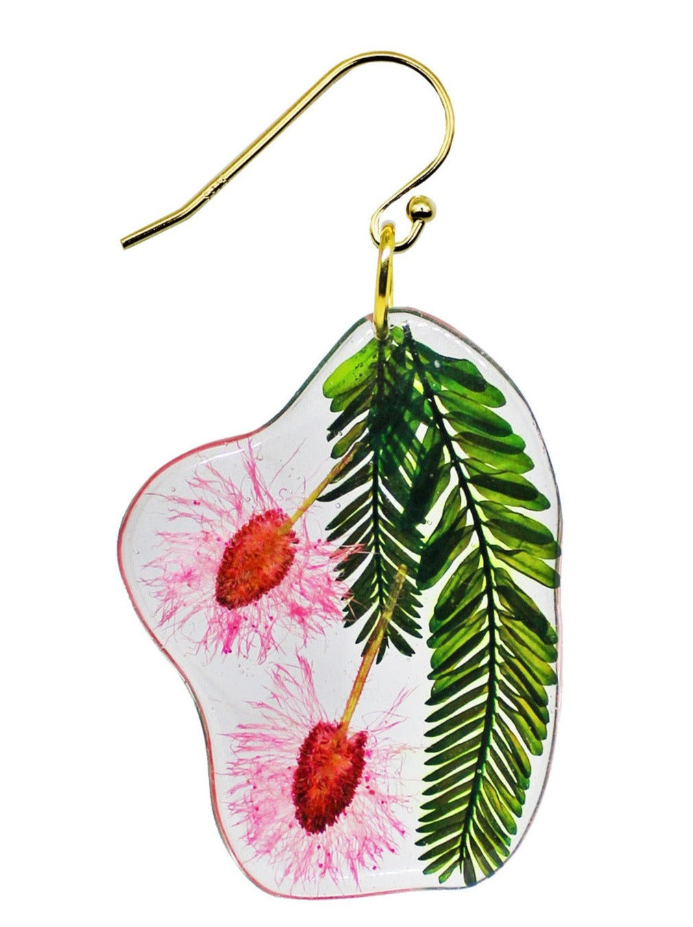 Resin Coated Pink Rosy Wishbone Flowers with Green Leaves on a French Hook Earring