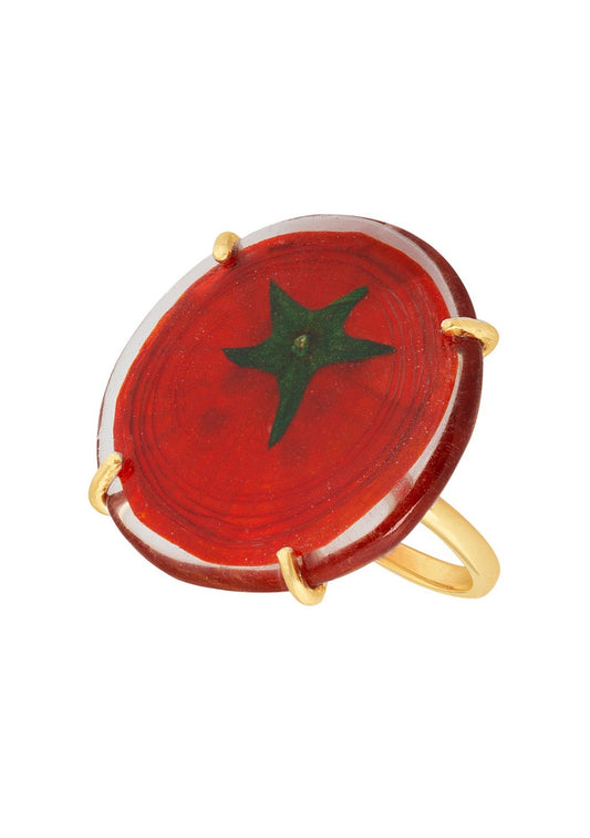 Dehydrated tomato preserved in resin on gold ring band.