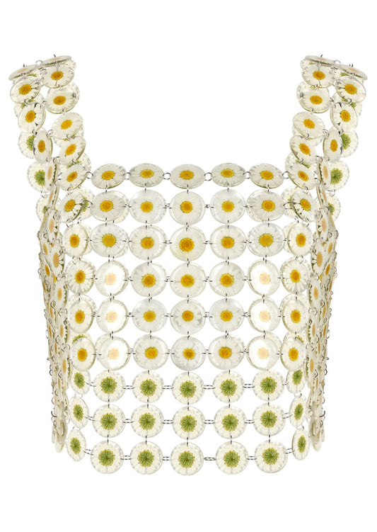 Our floral chainmaille is a distinctive technique where hundreds of preserved botanicals are intricately assembled-- this top is crafted from over two hundred daisy flowers. Relaxed fit, antiqued silver toggle side closure for easy on/off.