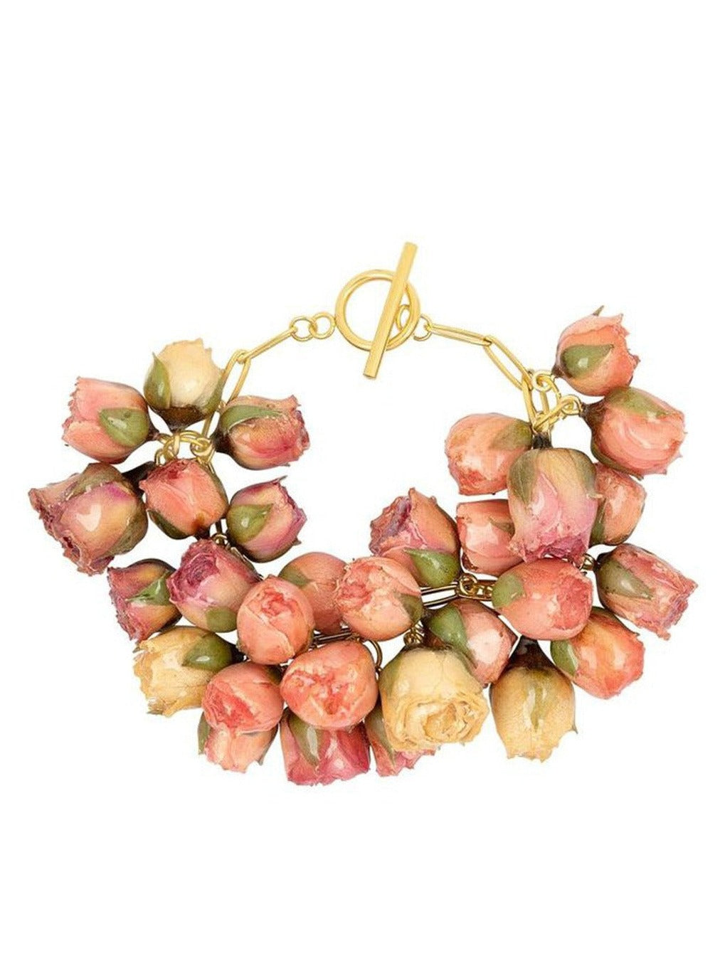 Over two dozen roses, suspended from a gold-plated stainless steel Albert chain.