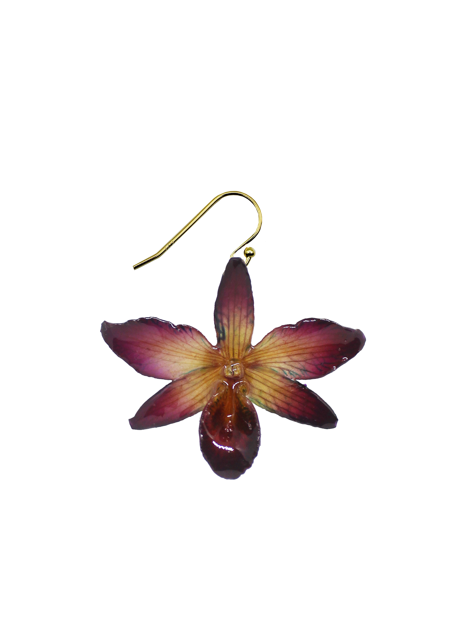 Resin Coated Yellow and Purple Gemini Orchid on French Hook Earring