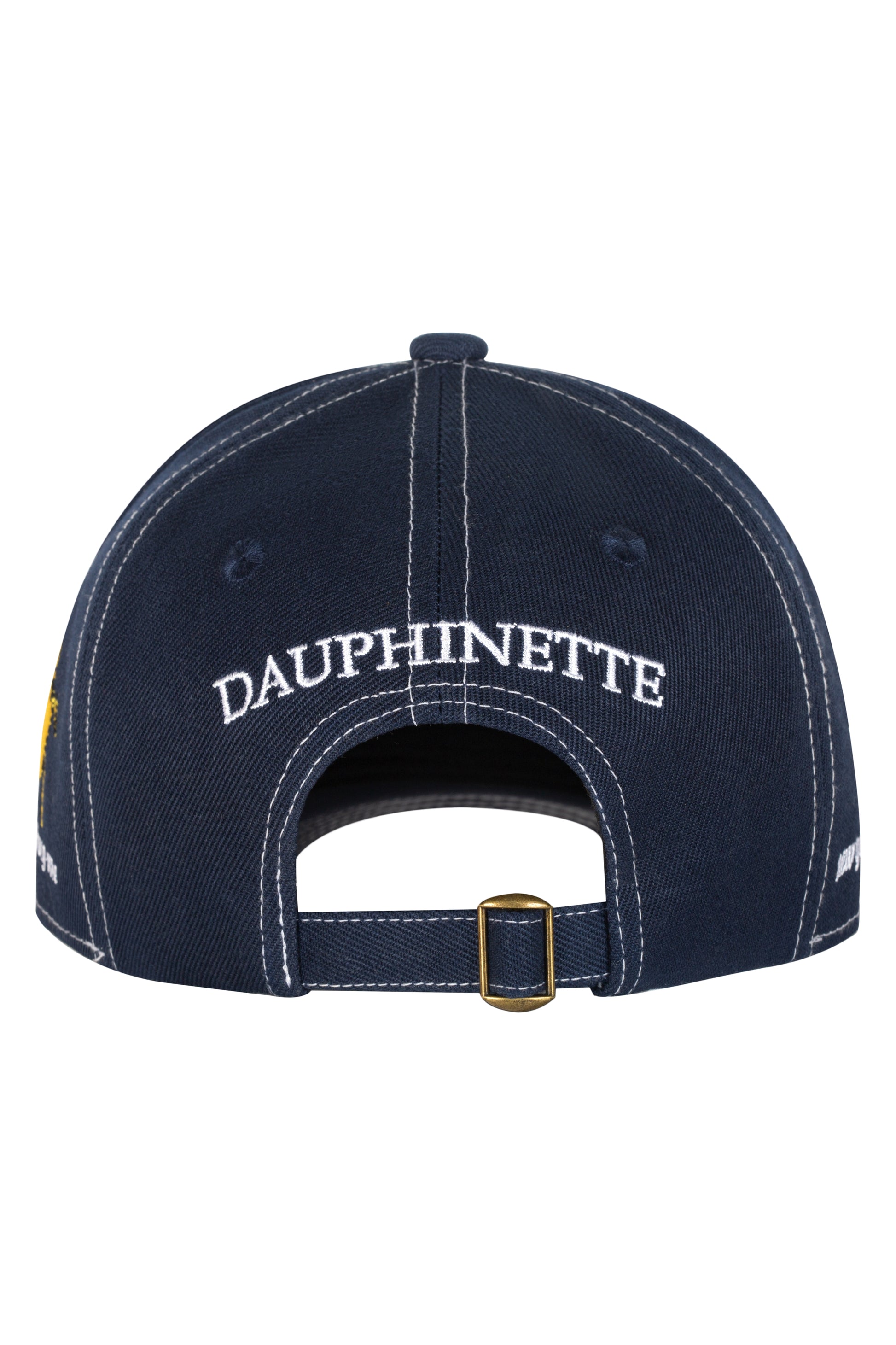 Back image of navy blue cap with "DAUPHINETTE" embroidered on it in white thread.