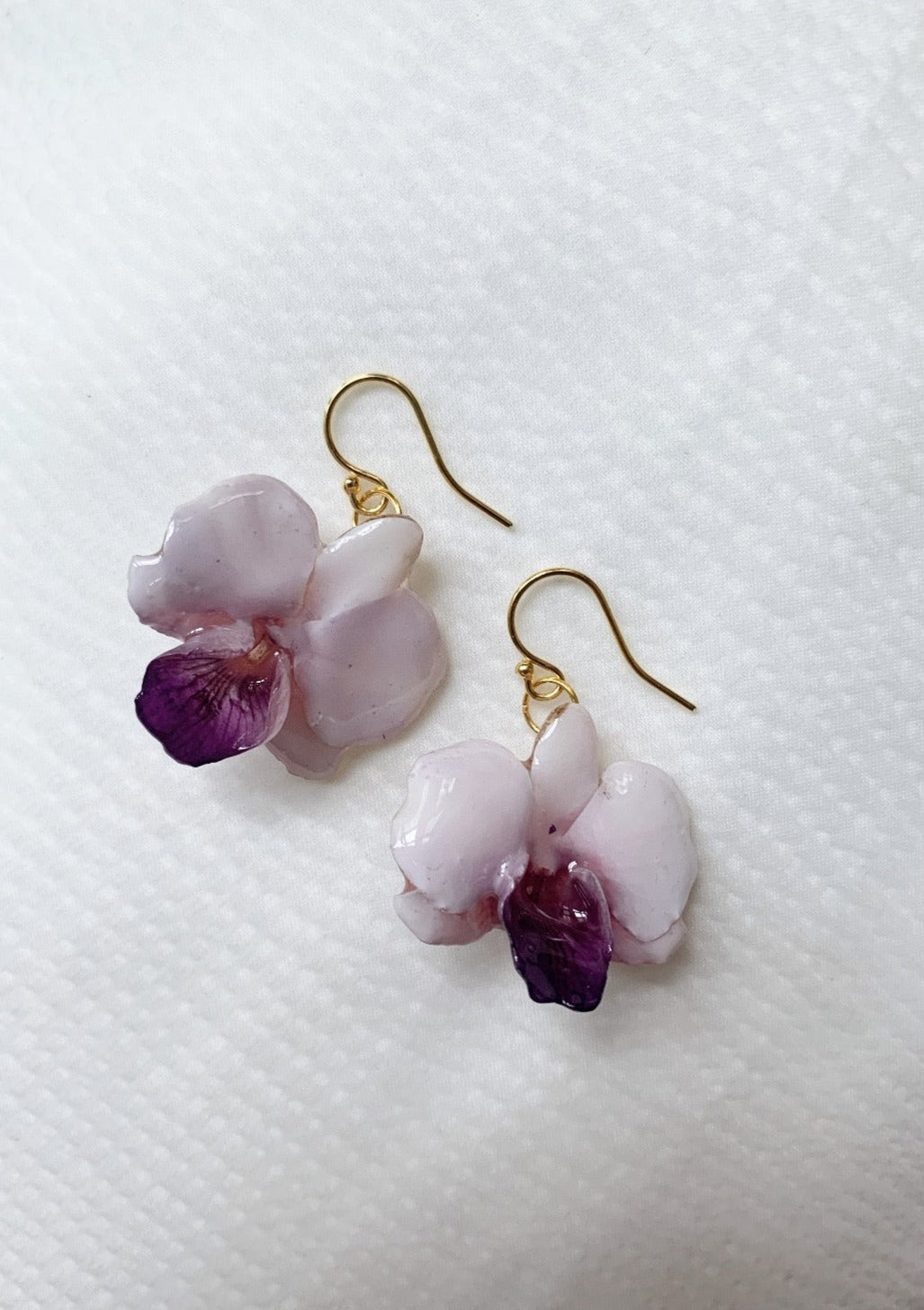 Resin Coated White and Purple Baby Dove Orchids on French Hook Earrings
