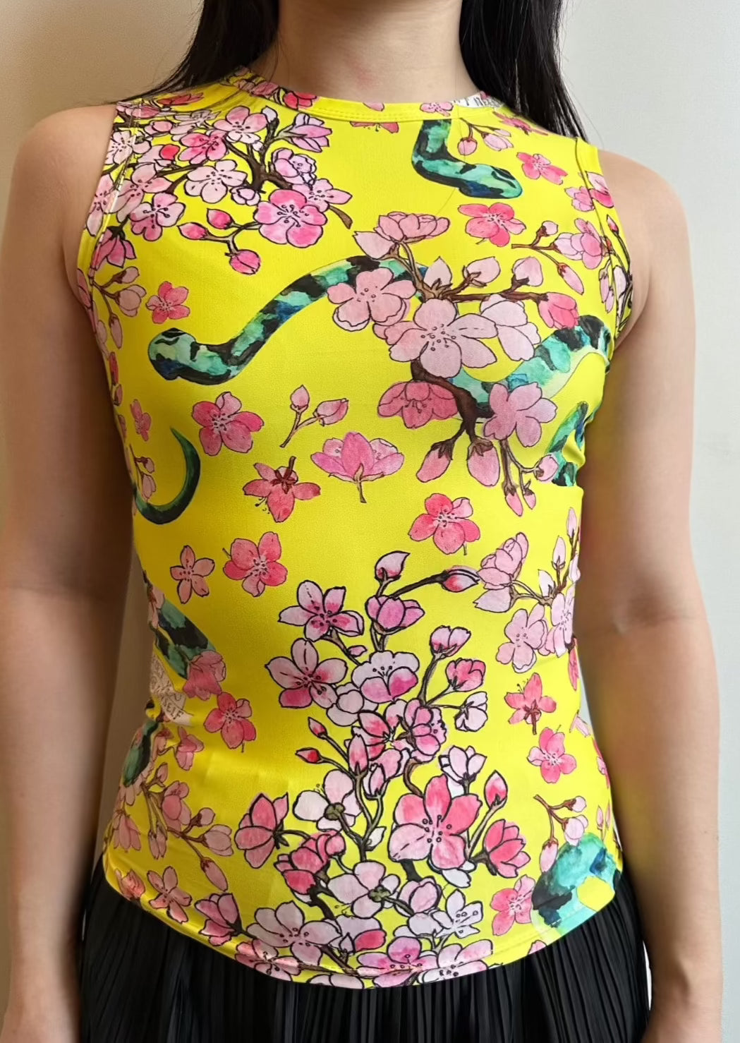 Olive Tank in Electric Cherry Blossoms