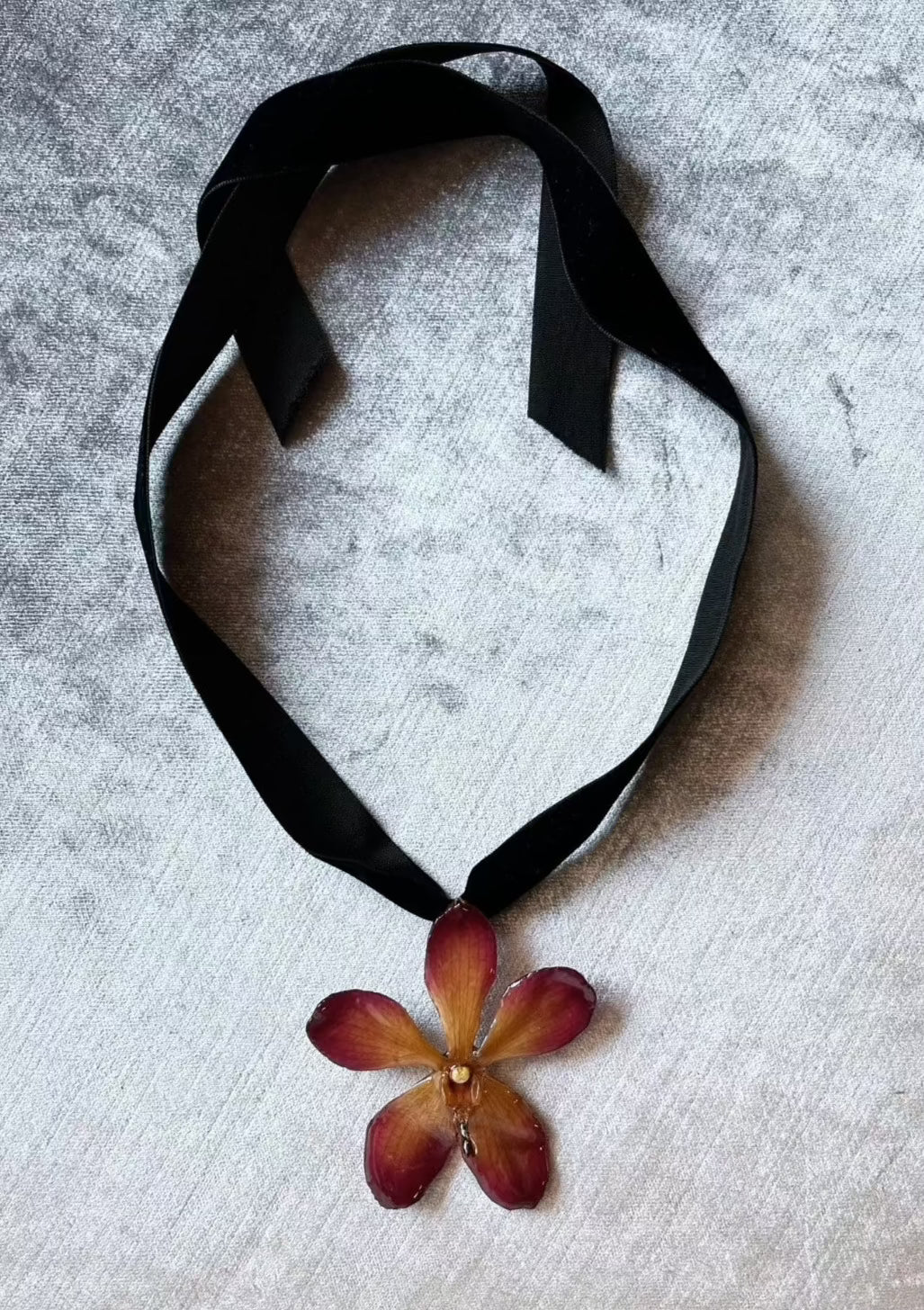 Resin dipped Mokana Orchid suspended on black velvet ribbon