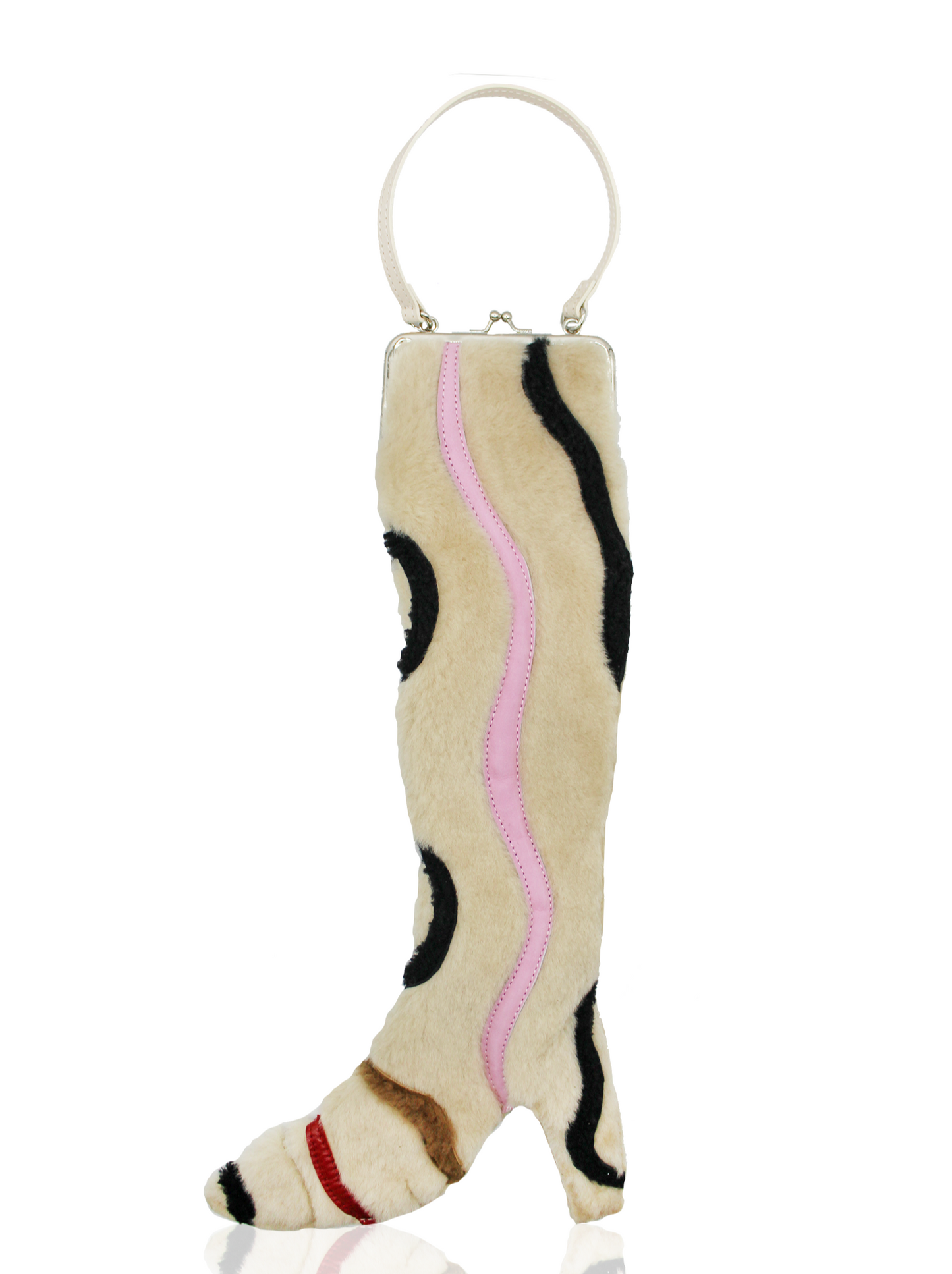 Cream shearling boot-shaped bag featuring whimsical patchworking in pink, black, brown, and red.