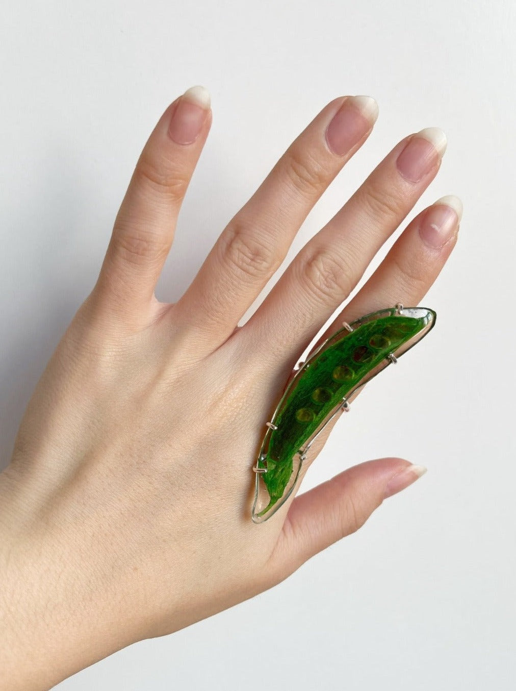 Pea pod dipped in resin on silver ring band.