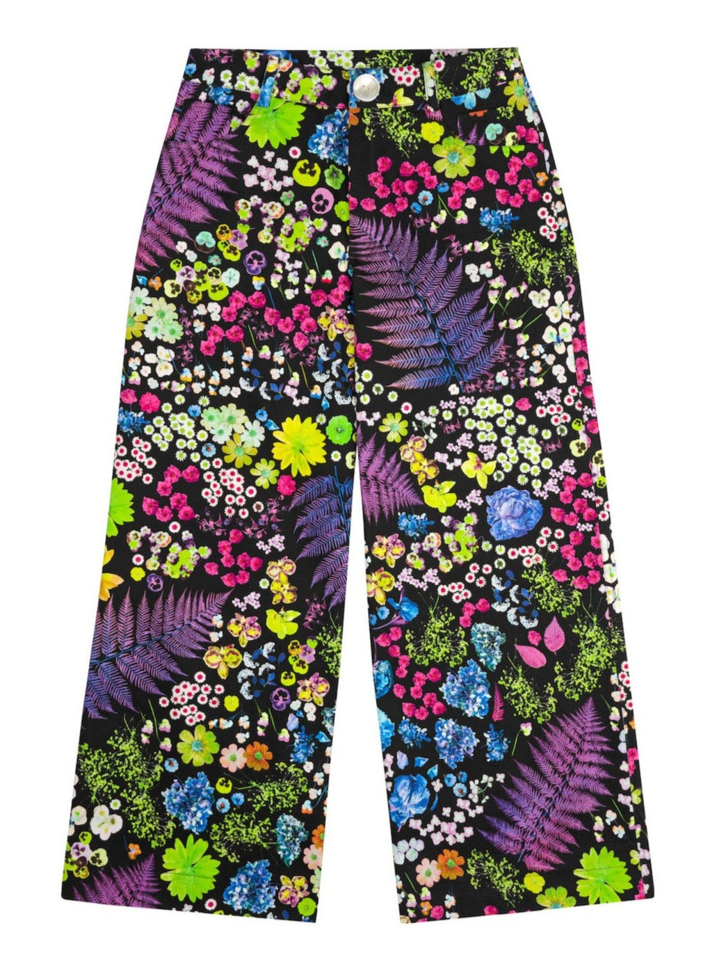 Wide leg mid-rise jean in our Acid Potpourri print, comprised of florals scanned and arranged at our NYC studio.