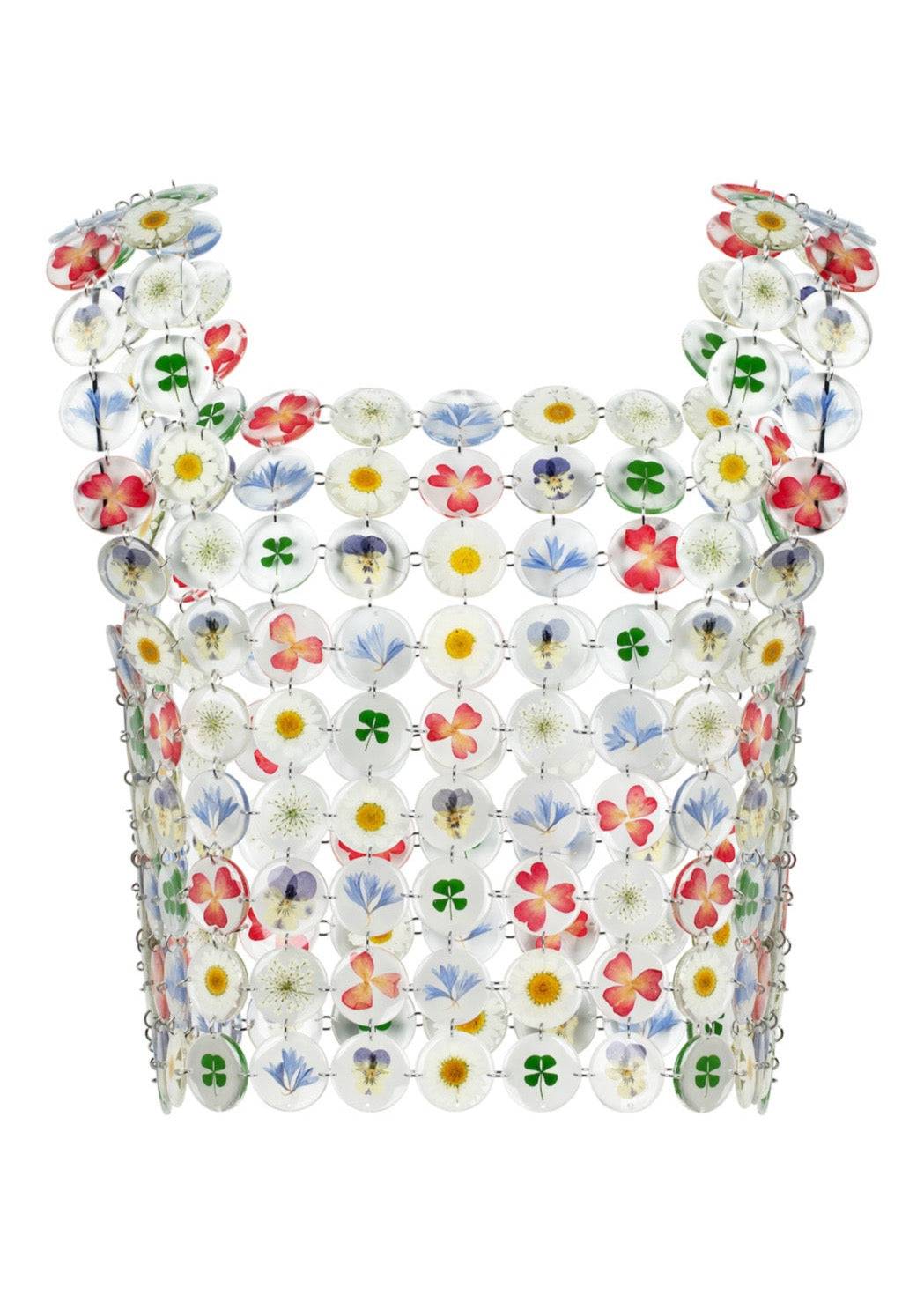 our new floral chainmaille is a distinctive technique where hundreds of preserved botanicals are intricately assembled-- this top is crafted from over two hundred flowers and leaves. Relaxed fit, antiqued silver toggle side closure for easy on/off. 