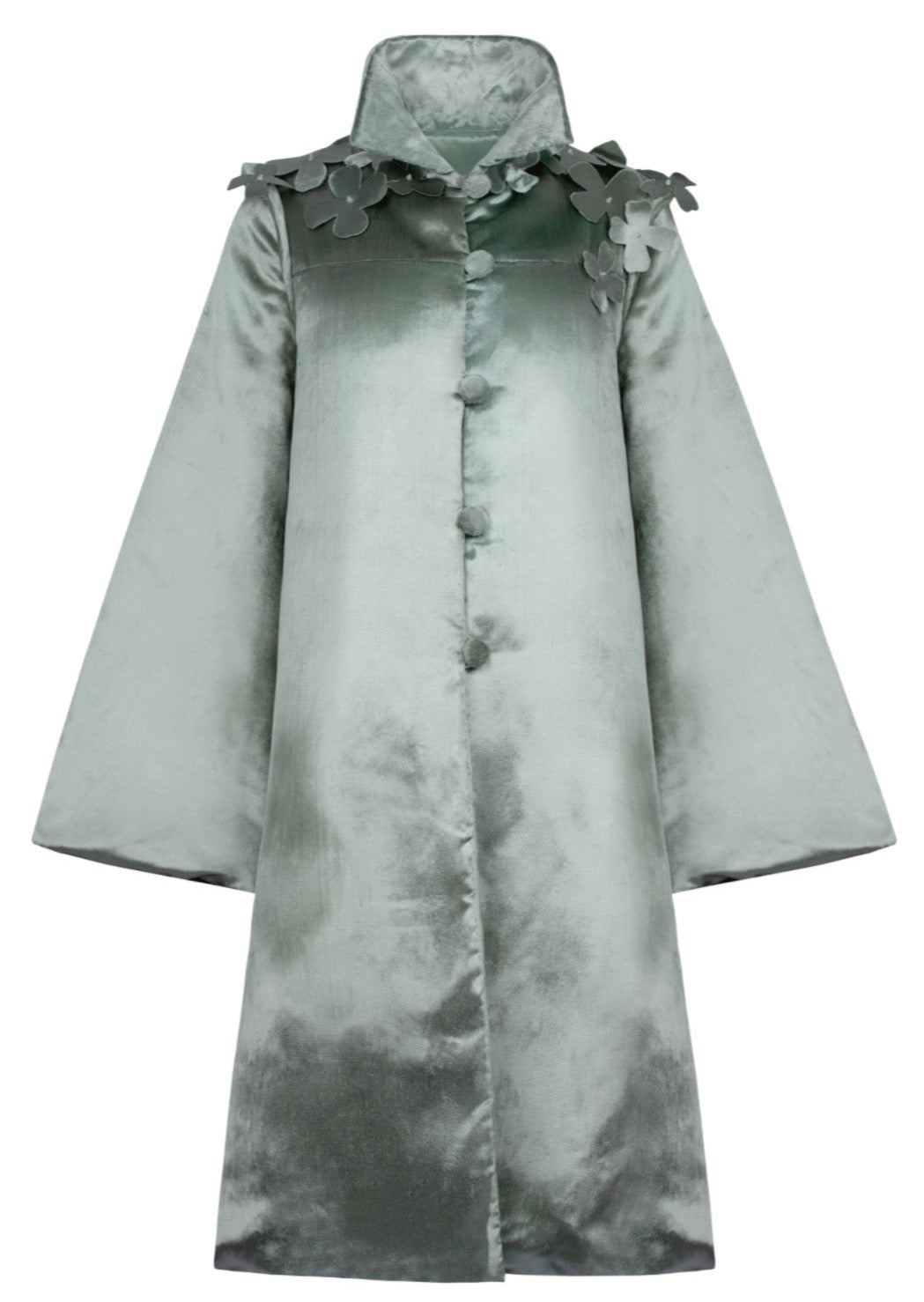 A puffer from another planet in slick seafoam velvet.  Fabric flowers dust the shoulders, each appliqued with a Czech glass crystal bead.