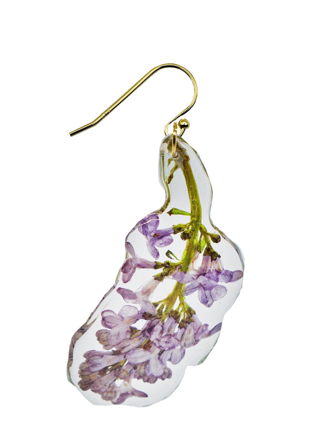 Resin Coated Purple Lilac Sprig with a green stem on a gold French hook earring