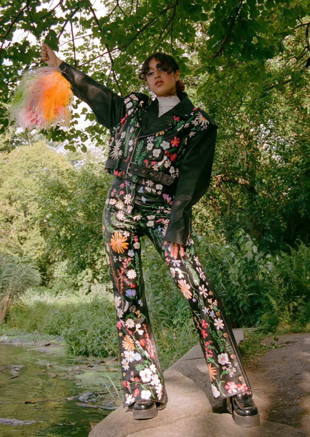 Fully hand-painted, flared Claude Montana leather pants with gold snaps.   Floral scrapbook imagery to front, inspired by vintage pressed botanical prints. 