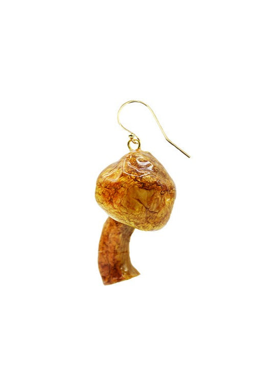 Resin Coated Miniature whole Brown Mushroom on a French Hook Earring