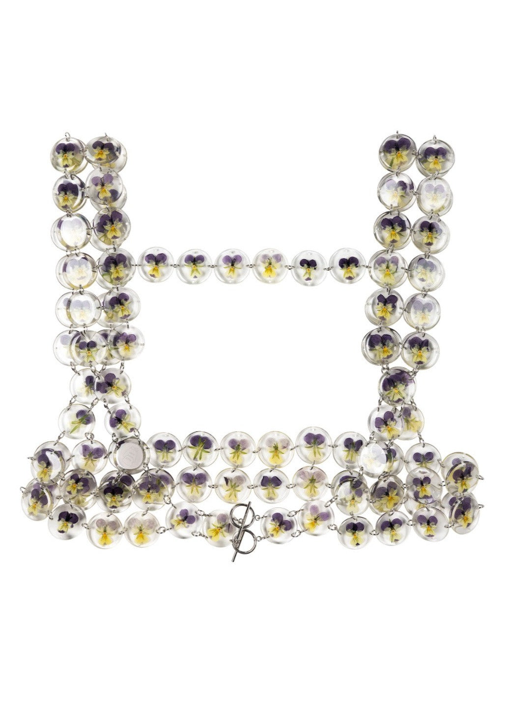 Chainmaille harness made of purple and yellow pansy flowers preserved in round resin charms connected by silver jump rings.