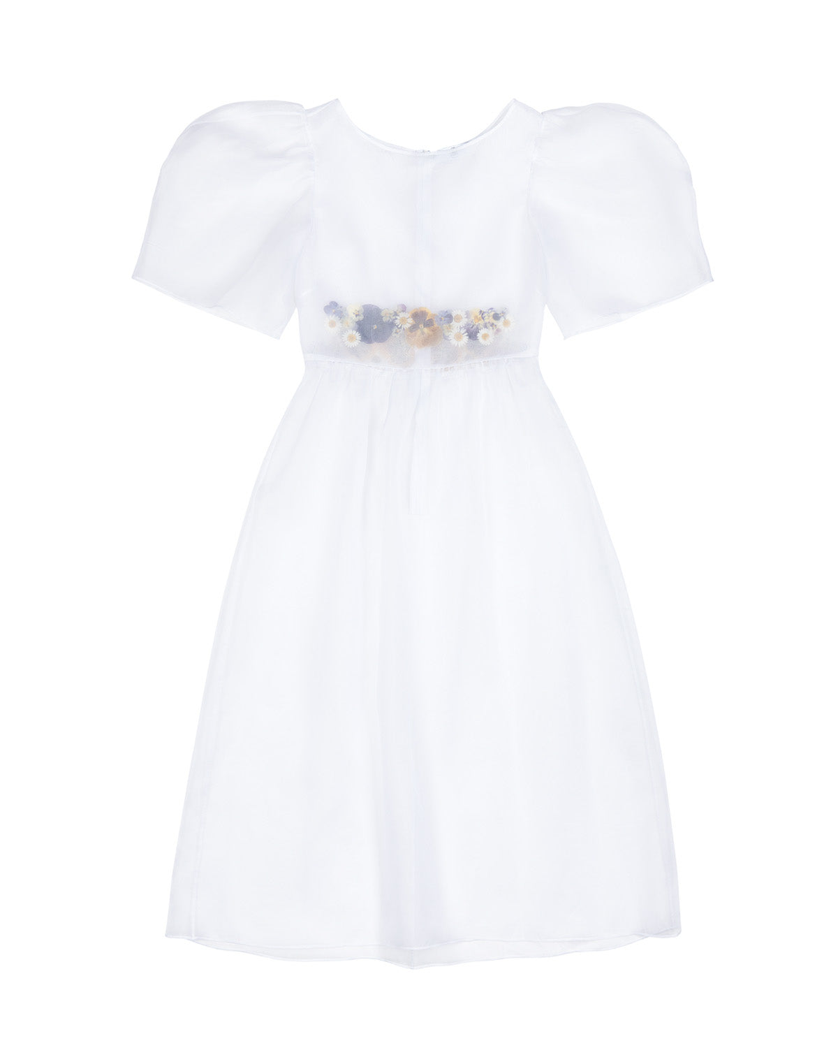White silk organza dress, inlaid with real pressed pansy and daisy paillettes to front and back waist