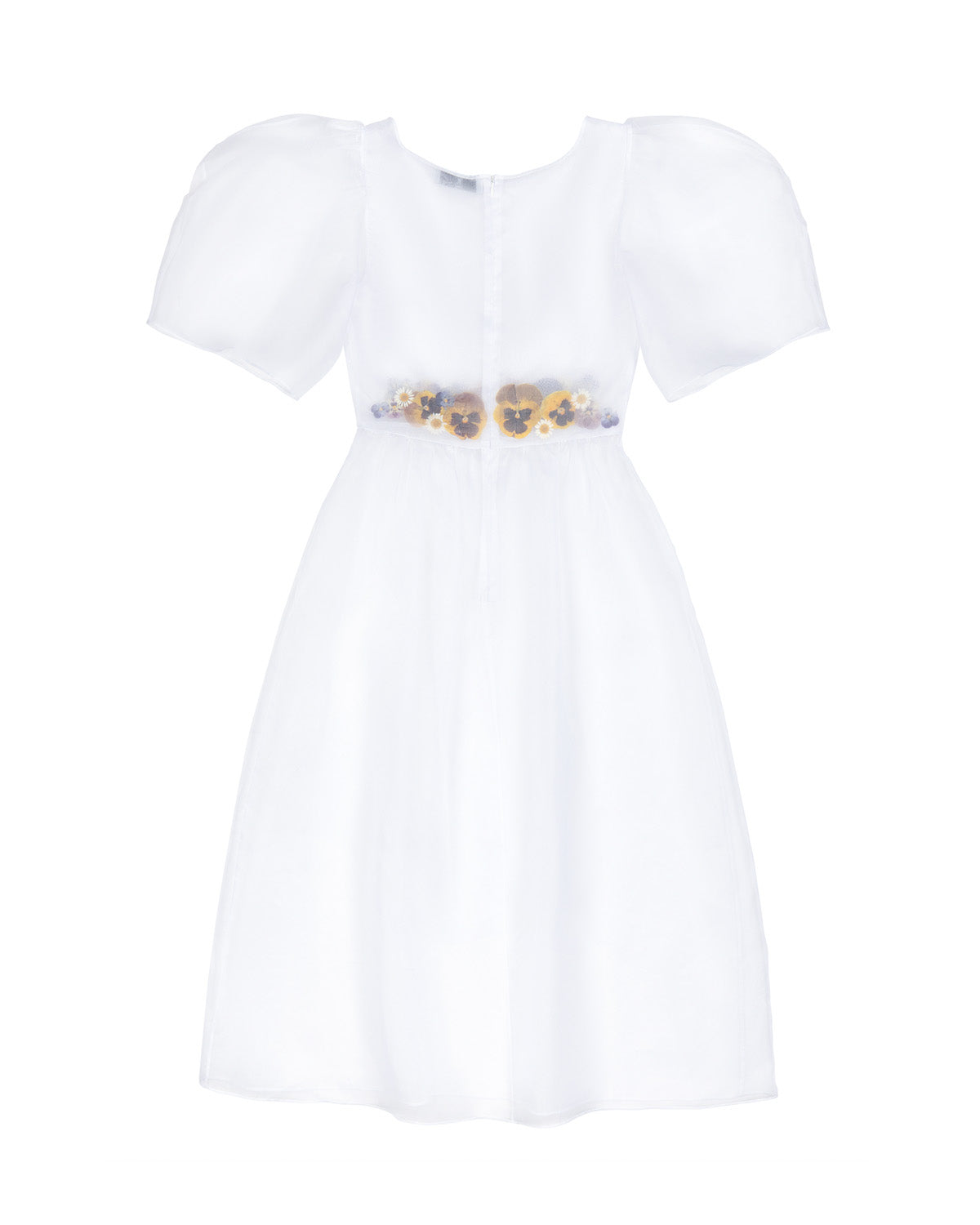 White silk organza dress, inlaid with real pressed pansy and daisy paillettes to front and back waist