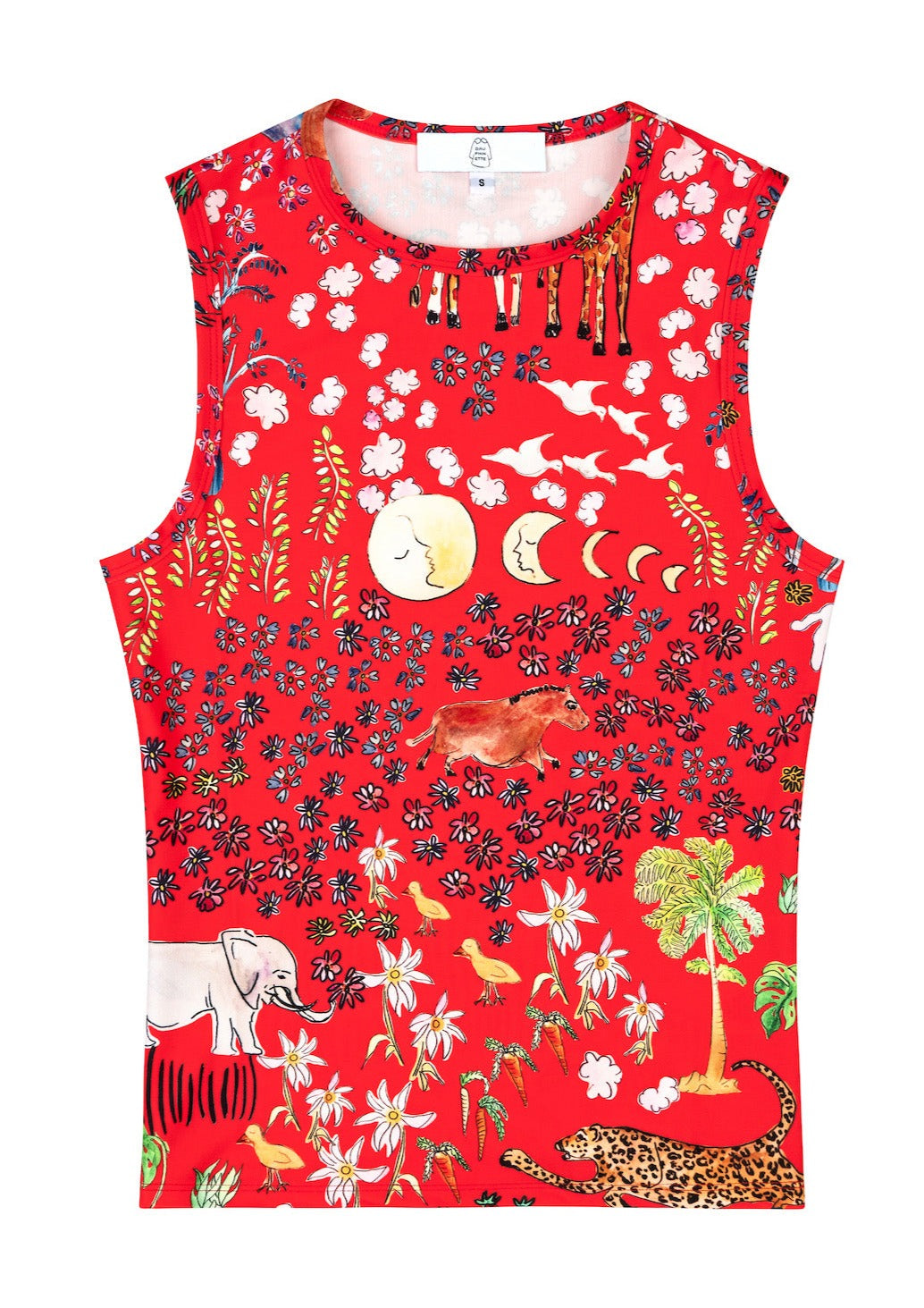 The platonically ideal high-cut tank top in our signature red Fever Dream print, a delightful smorgasbord of happy animals and botanicals. Made from a recycled polyester blend that is both anti-bacterial and moisture-resistant, meaning this top can also be worn as a swim top or rash guard.