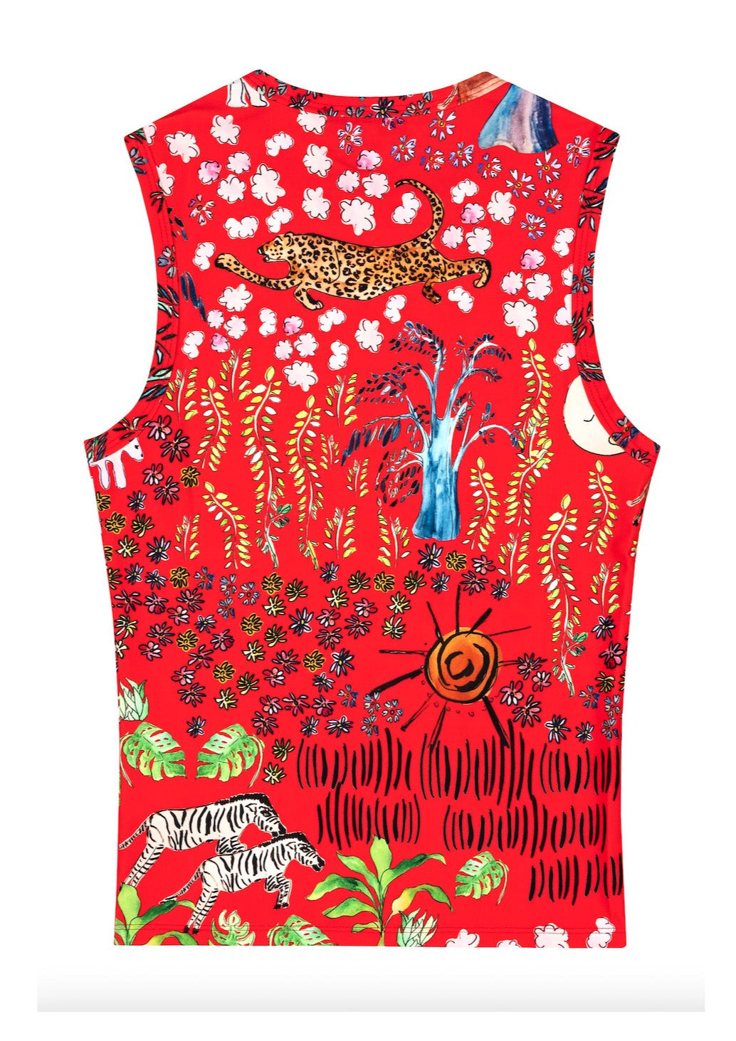 The platonically ideal high-cut tank top in our signature red Fever Dream print, a delightful smorgasbord of happy animals and botanicals. Made from a recycled polyester blend that is both anti-bacterial and moisture-resistant, meaning this top can also be worn as a swim top or rash guard.