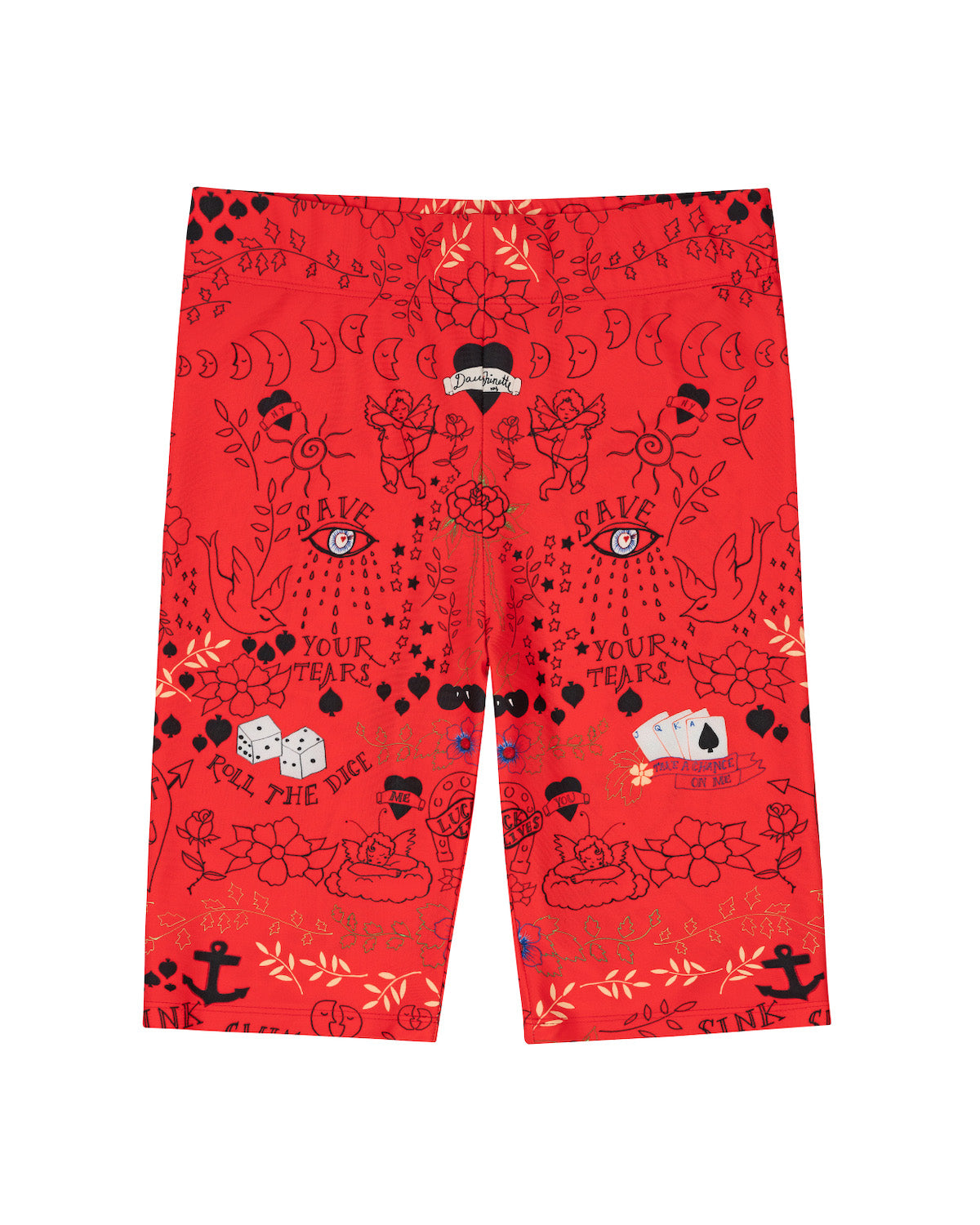 A lil bike short in our Red Flame Tattoo You print, hand-illustrated by designer Olivia Cheng.