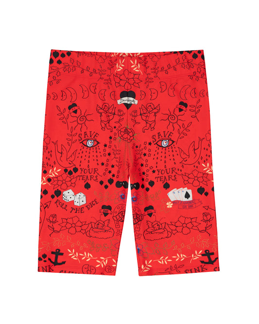 A lil bike short in our Red Flame Tattoo You print, hand-illustrated by designer Olivia Cheng.