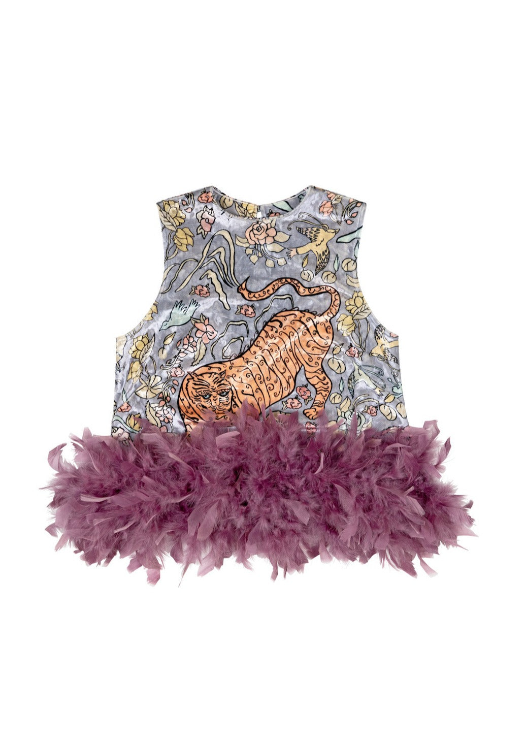 Luscious and glamorous, our Fennel Tank in Cabinet printed velvet features a hand-illustrated tiger and mauve feather trim.