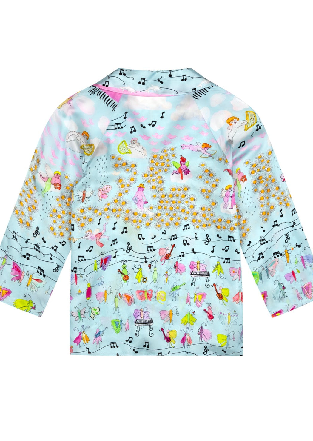 Relax into angelically soft viscose, printed in our SS22 Bad Girls Go to Heaven print. Dotted with cheerful daisies and music notes, our dancing bugs and high-flying cherubs