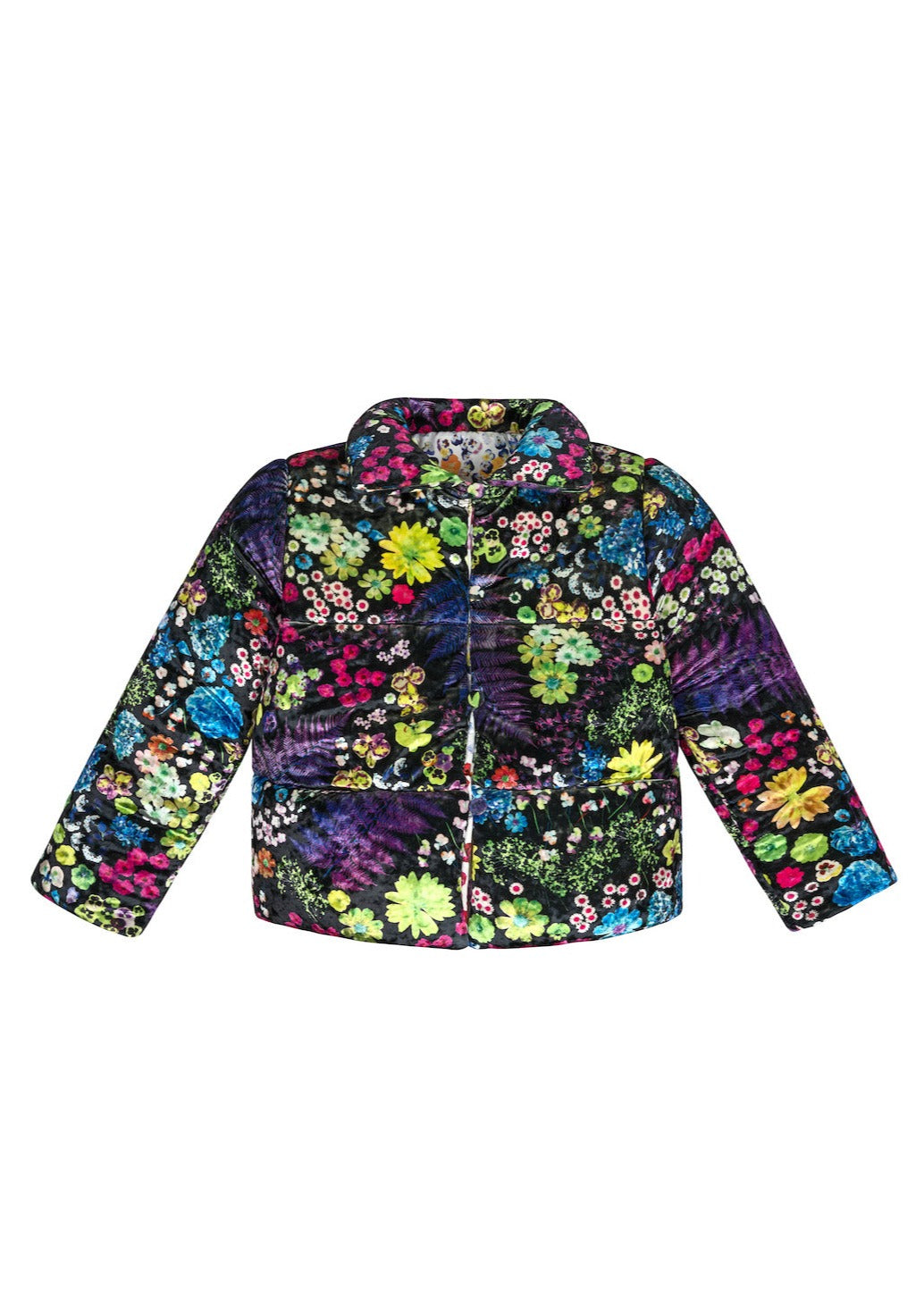 Velvet puffer jacket in multicolored Acid Potpourri print with black base color.