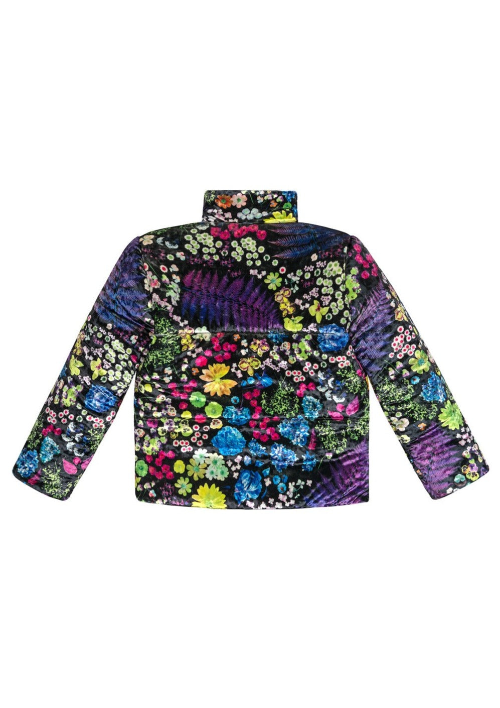 Velvet puffer jacket in multicolored Acid Potpourri print with black base color.