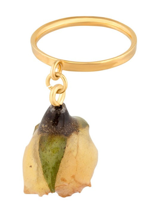 Buttercup rosebud charm pendant suspended from gold ring.