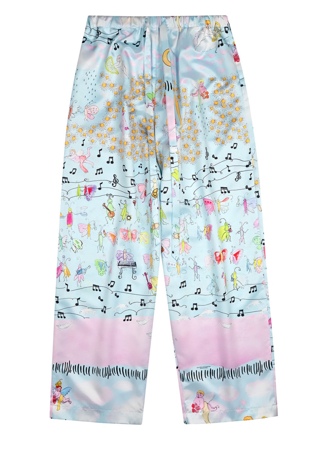 Relax into angelically soft viscose, printed in our SS22 Bad Girls Go to Heaven print. Dotted with cheerful daisies and music notes, our dancing bugs and flying cherubs