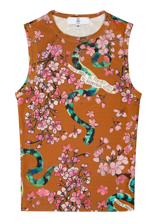 The platonically ideal high-cut tank top in our never-before-seen Whiskey Cherry Blossoms printed jersey. Hand-illustrated print by designer Olivia Cheng, made with surplus fabric found at our studio.