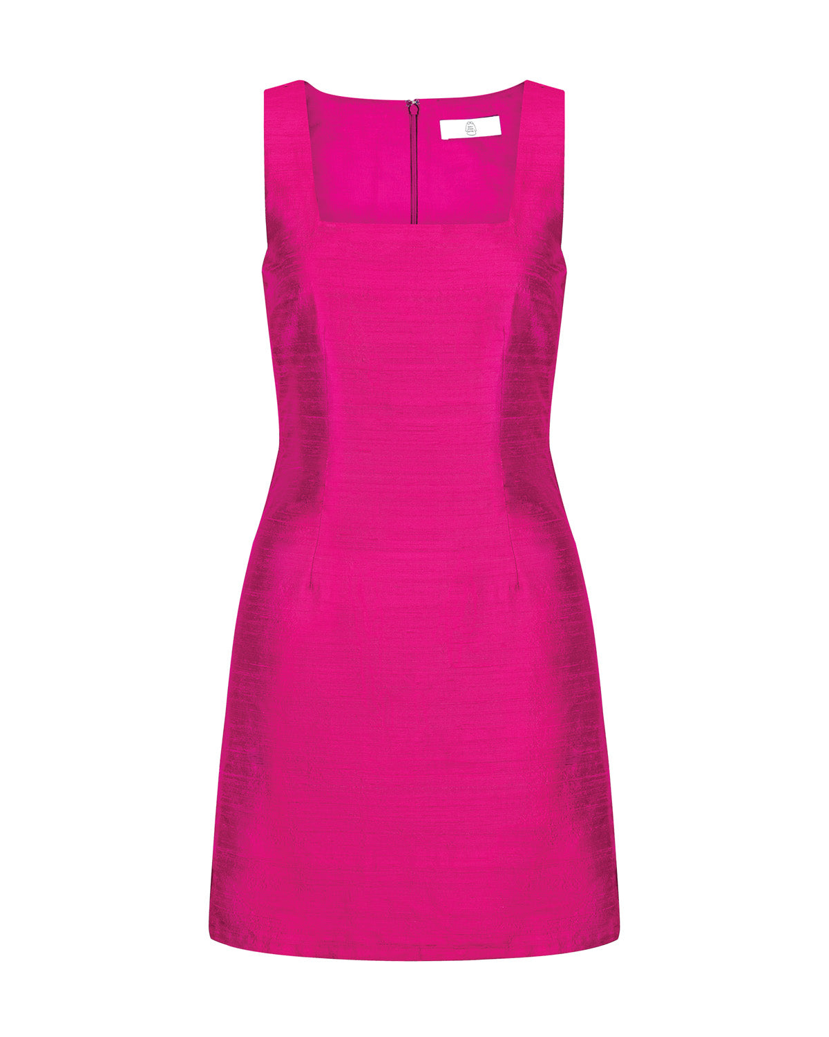 the perfectly cut mini dress in vibrant pink silk dupioni. 100% silk. Square neckline and invisible back zipper.