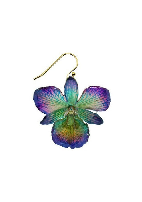 Resin Coated Multicolored Lunar Orchid with Blue Petal tips on a French Hook Earring