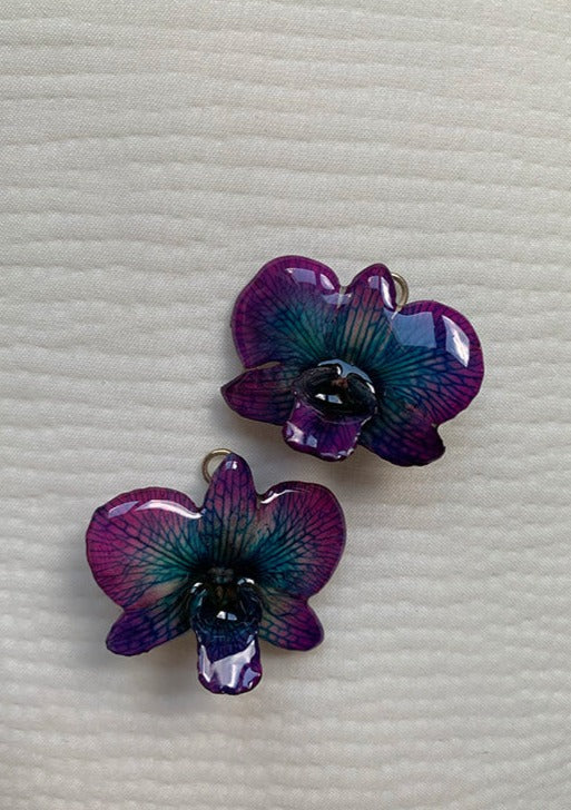 Resin Coated Multicolored Lunar Orchid with Blue Petal tips on a French Hook Earring