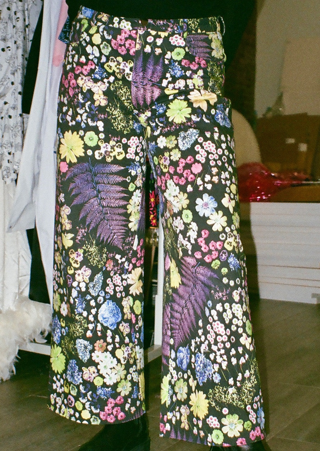 Wide leg mid-rise jean in our Acid Potpourri print, comprised of florals scanned and arranged at our NYC studio.