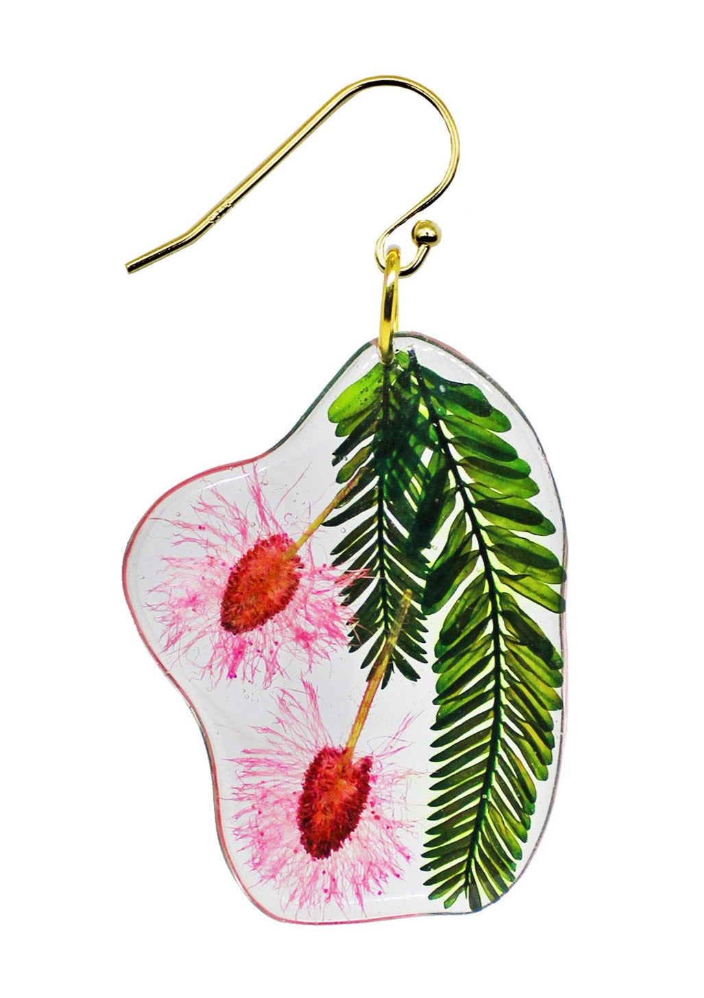 Resin Coated Pink Rosy Wishbone Flowers with Green Leaves on a French Hook Earring