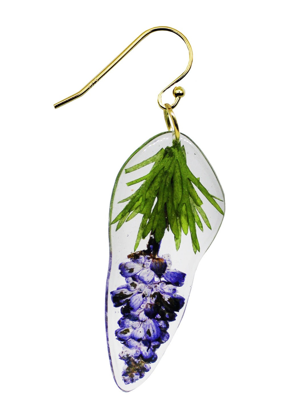 Resin Coated Purple Sage flower with Green Leaved on a French Hook Earring