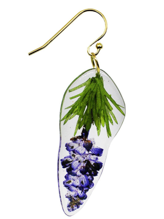 Resin Coated Purple Sage flower with Green Leaved on a French Hook Earring