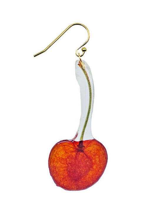 Resin Coated Red Cherry with stem on a French Hook Earring