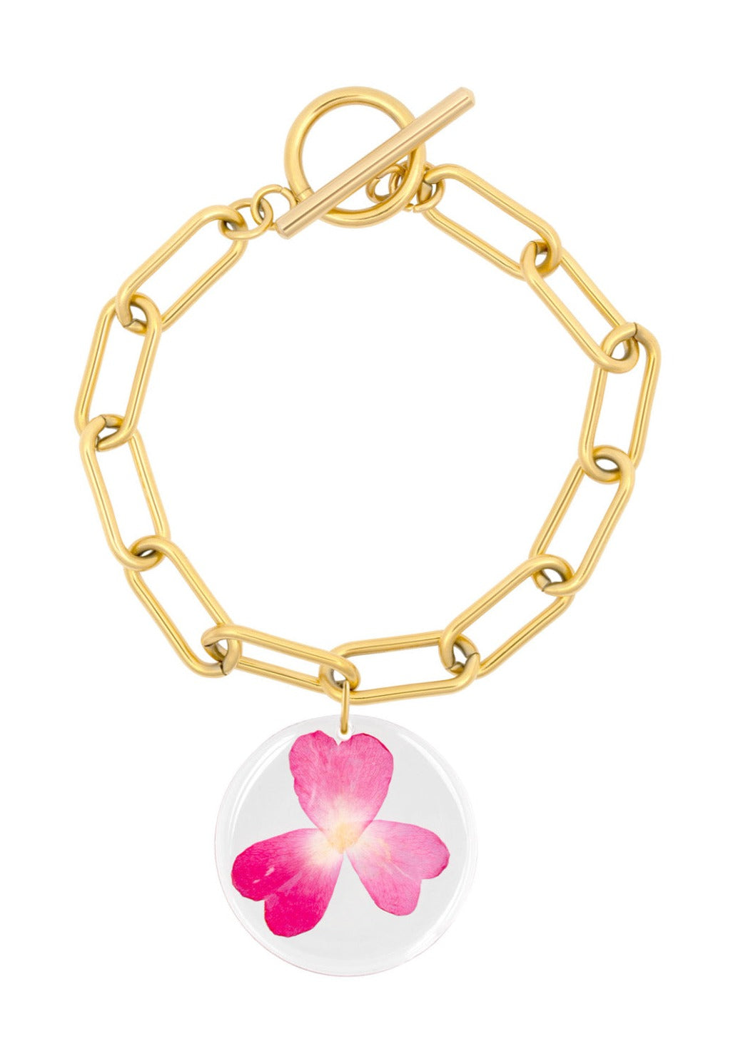 Rose petal pendant on gold chain bracelet.